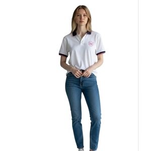 New England White Polo Shirt Unisex Navy Pink Accents Embroidered Logo Cotton